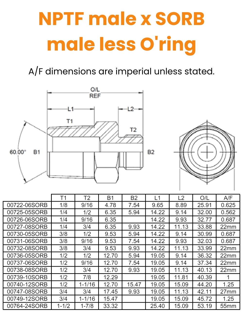 1/8 NPTF x 9/16 SORB LESS ORING M/M Hydraulic Adaptor